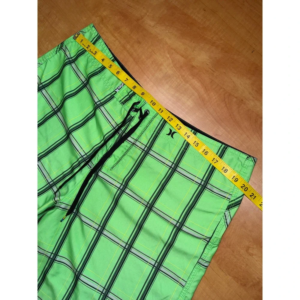 Hurley Mens Board Shorts Lime Green Plaid Swim Trunks Cargo Pocket Size 36